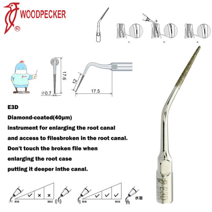 Dentistry Supplies & Equipment Woodpecker DTE Ultrasonic Scaler -  Set Tips E3D series piece offers with sizes and details