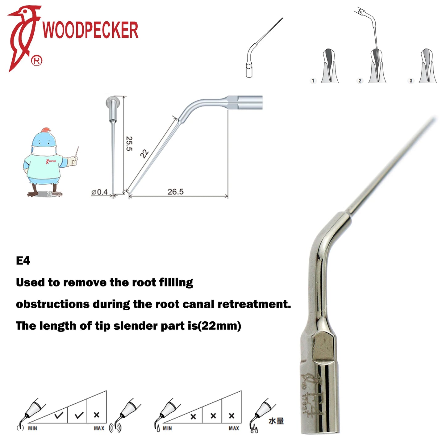 Dentistry Supplies & Equipment Woodpecker DTE Ultrasonic Scaler -  Set Tips E4 series piece offers with sizes and details