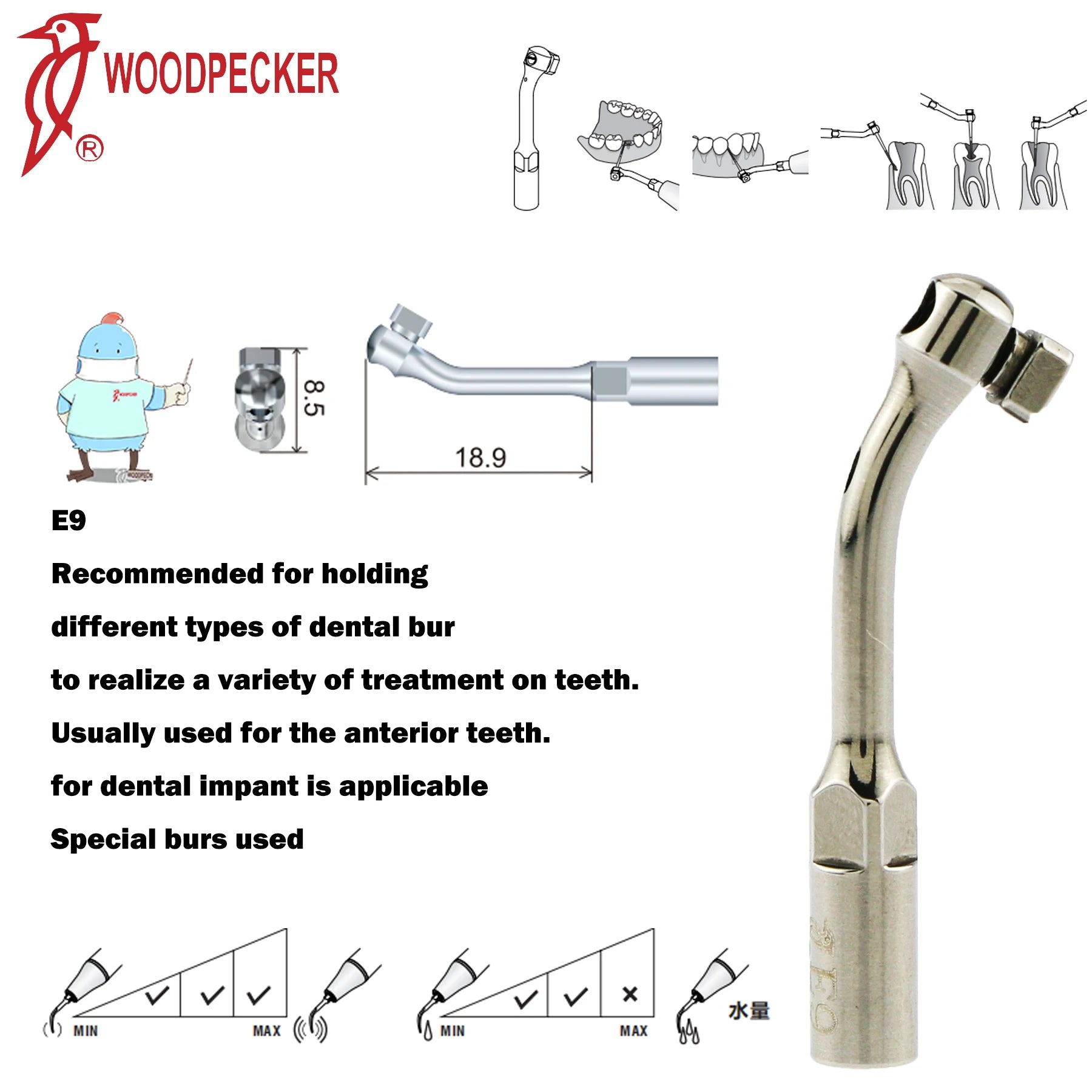 Dentistry Supplies & Equipment Woodpecker DTE Ultrasonic Scaler -  Set Tips E9 series piece offers with sizes and details