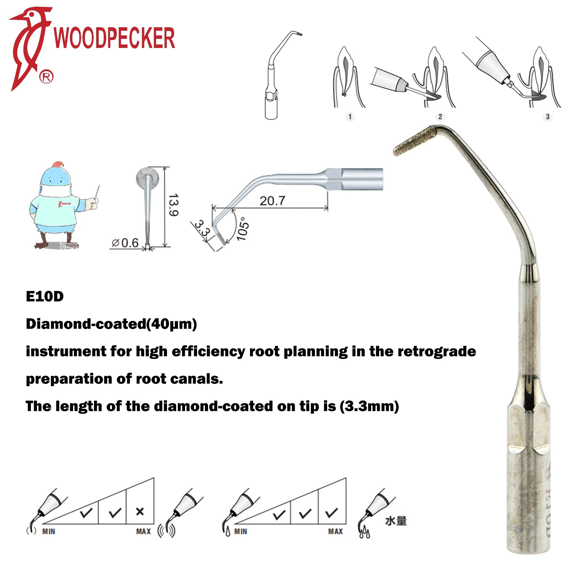 Dentistry Supplies & Equipment Woodpecker DTE Ultrasonic Scaler -  Set Tips E10D series piece offers with sizes and details