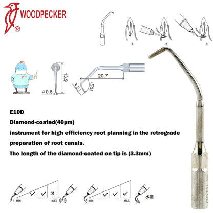 Dentistry Supplies & Equipment Woodpecker DTE Ultrasonic Scaler -  Set Tips E10D series piece offers with sizes and details