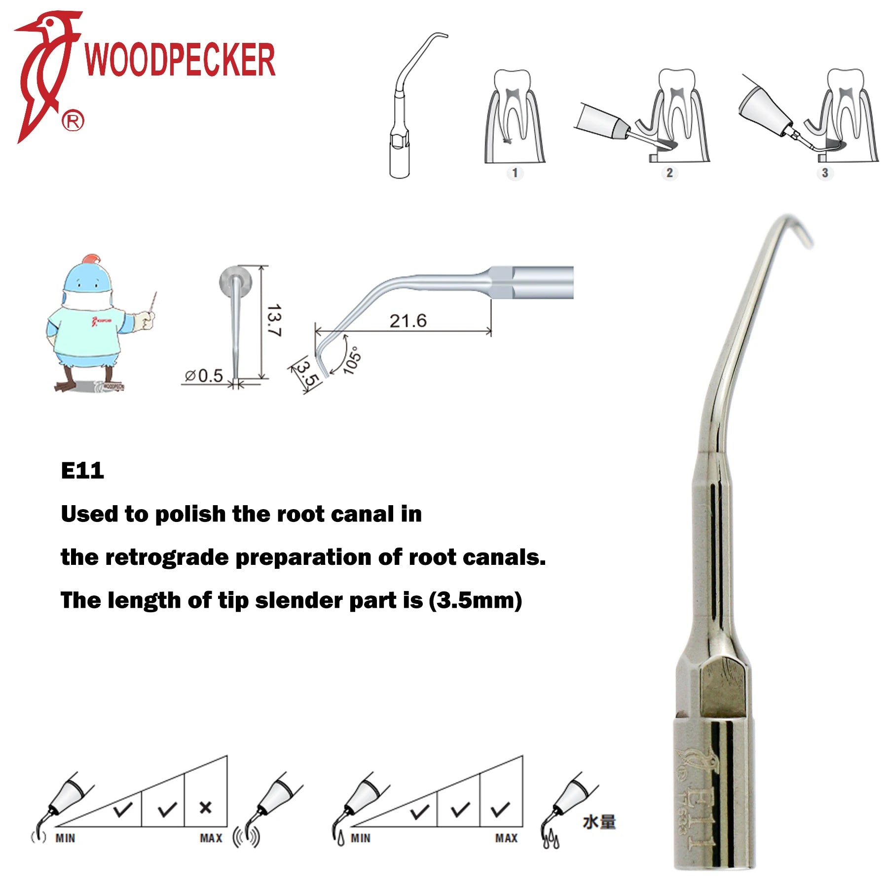 Dentistry Supplies & Equipment Woodpecker DTE Ultrasonic Scaler -  Set Tips E11 series piece offers with sizes and details