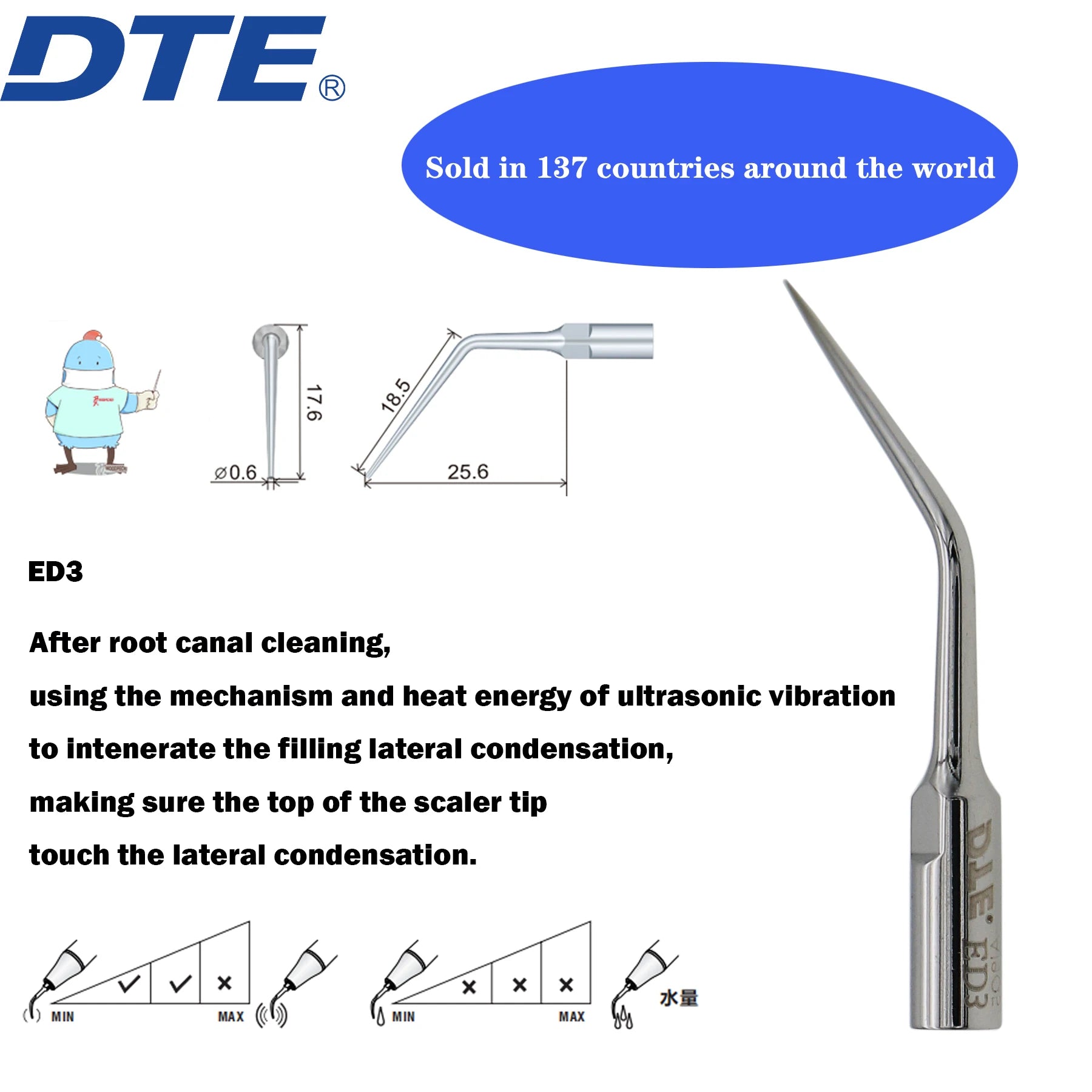 Dentistry Supplies & Equipment Woodpecker DTE Ultrasonic Scaler -  Set Tips ED3 series piece offers sizes and details