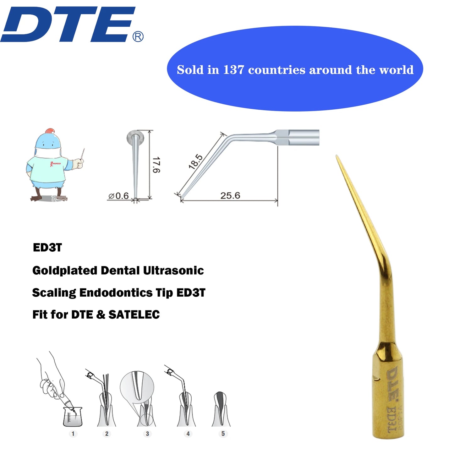 Dentistry Supplies & Equipment Woodpecker DTE Ultrasonic Scaler -  Set Tips ED3T series piece offers sizes and details