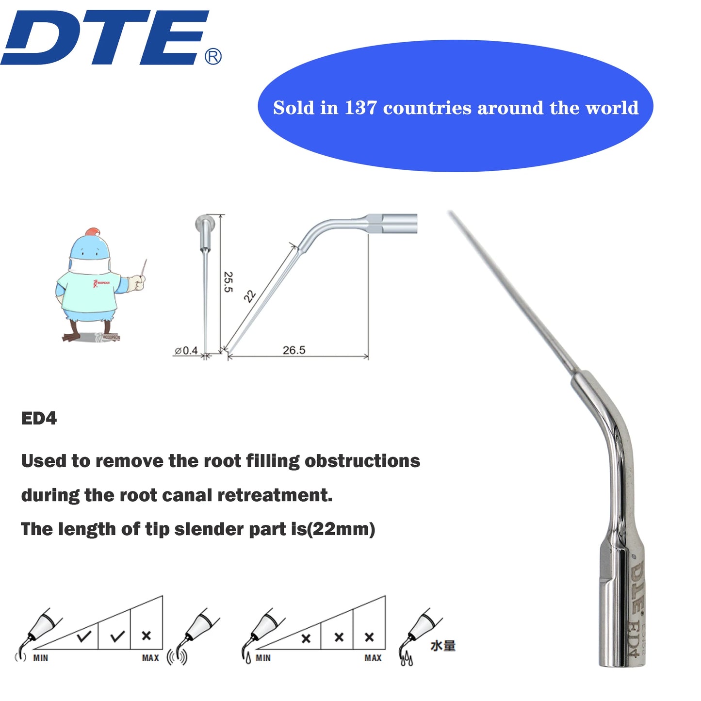Dentistry Supplies & Equipment Woodpecker DTE Ultrasonic Scaler -  Set Tips ED4 series piece offers sizes and details