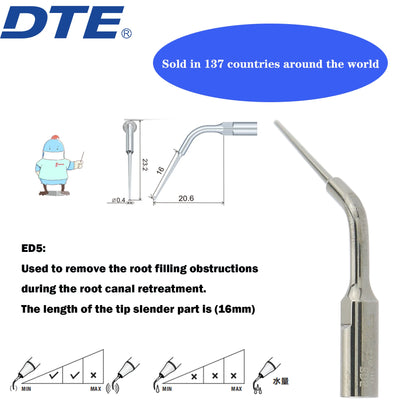 Dentistry Supplies & Equipment Woodpecker DTE Ultrasonic Scaler -  Set Tips ED5 series piece offers sizes and details