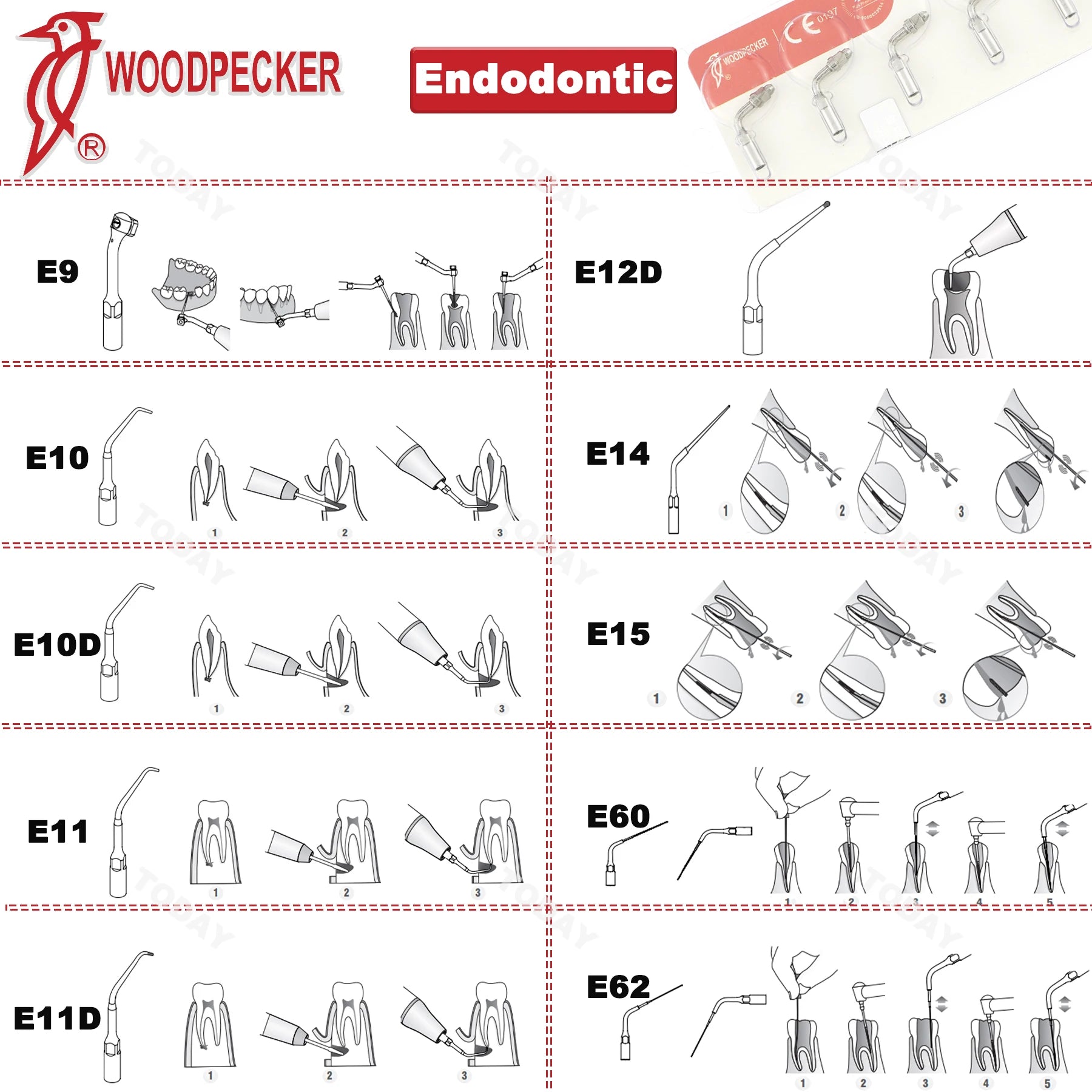 Dentistry Supplies & Equipment Woodpecker DTE Ultrasonic Scaler -  all available DTE Tips E and ED series shown