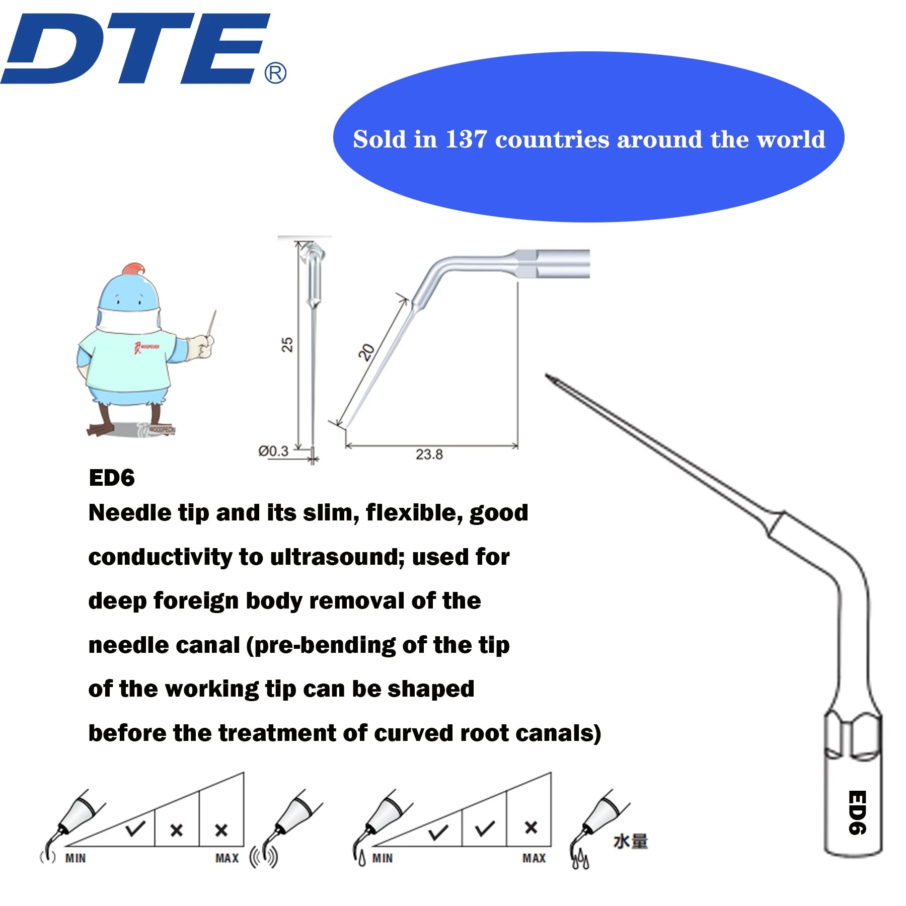Dentistry Supplies & Equipment Woodpecker DTE Ultrasonic Scaler -  Set Tips ED6 series piece offers sizes and details