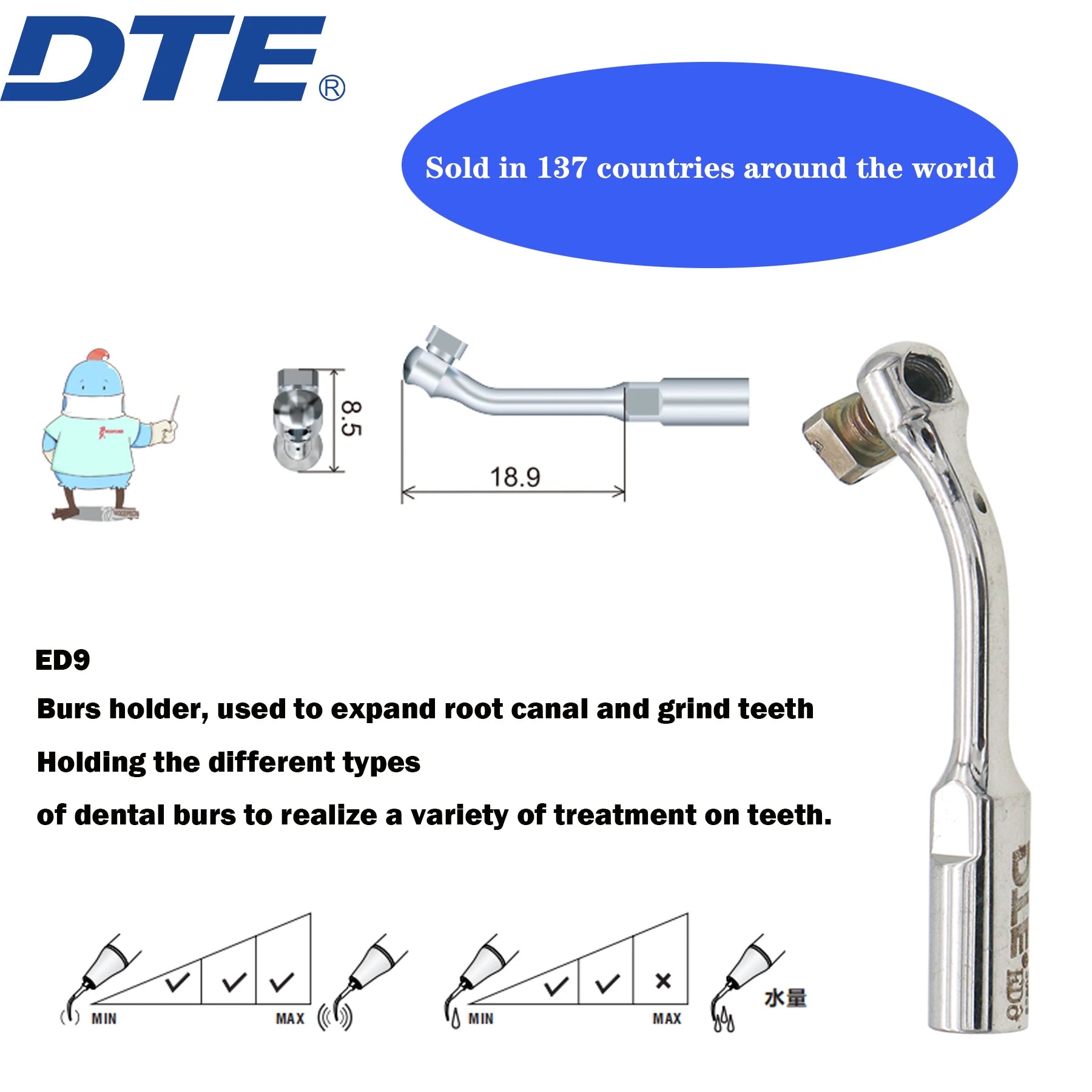 Dentistry Supplies & Equipment Woodpecker DTE Ultrasonic Scaler -  Set Tips ED9 series piece offers sizes and details