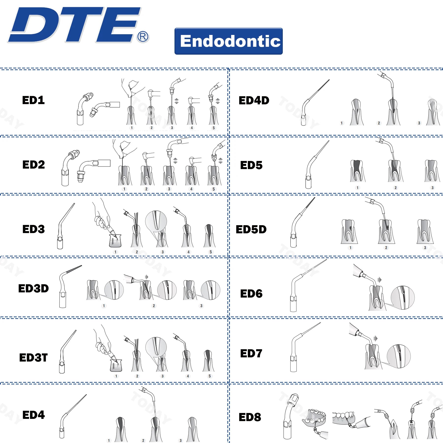 Dentistry Supplies & Equipment Woodpecker DTE Ultrasonic Scaler -  all available DTE Tips ED series shown on the picture