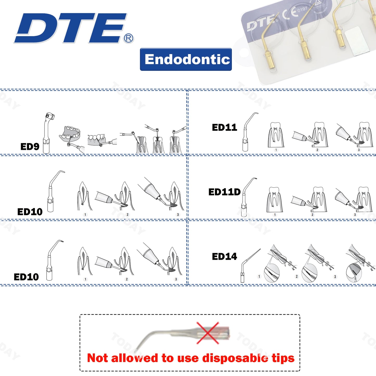 Dentistry Supplies & Equipment Woodpecker DTE Ultrasonic Scaler -  all available DTE Tips ED9 to ED14 series shown