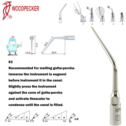 Dentistry Supplies & Equipment Woodpecker DTE Ultrasonic Scaler -  Set Tips E3 series piece offers with sizes and details