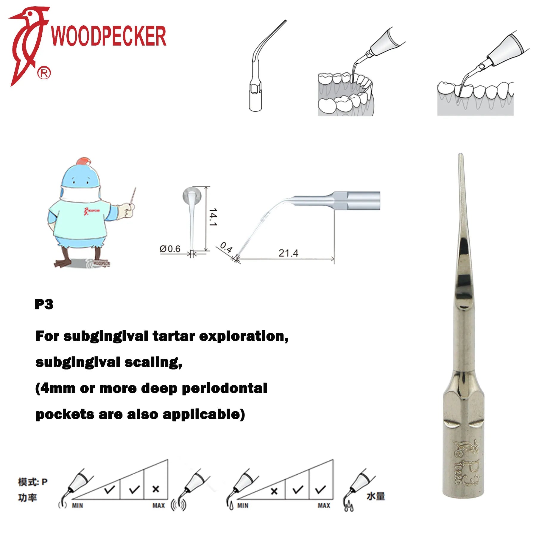 Dentistry Supplies & Equipment Woodpecker Ultrasonic Handpiece HW-5L Picture show Detail and sizes of P3 Series