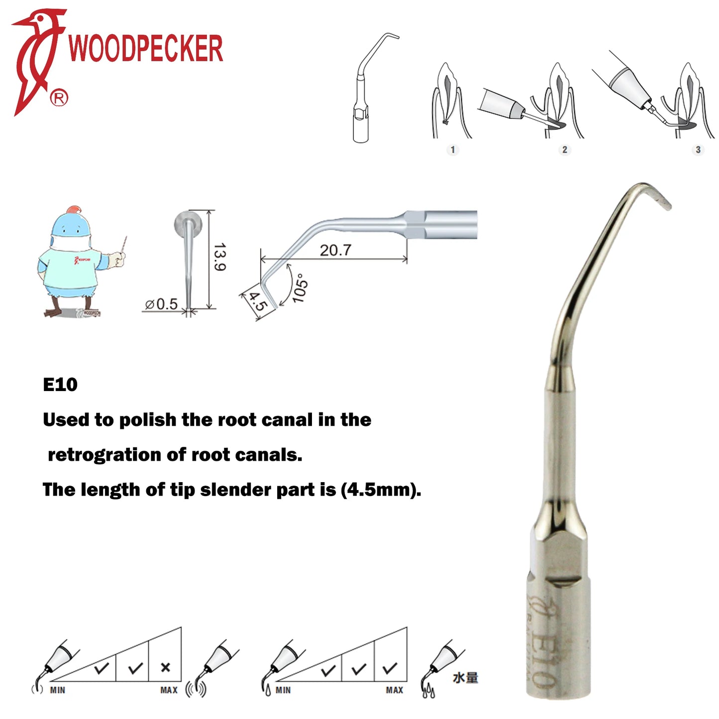 Dentistry Supplies & Equipment Woodpecker Ultrasonic Handpiece HW-5L Picture show Detail and sizes of E10 Series