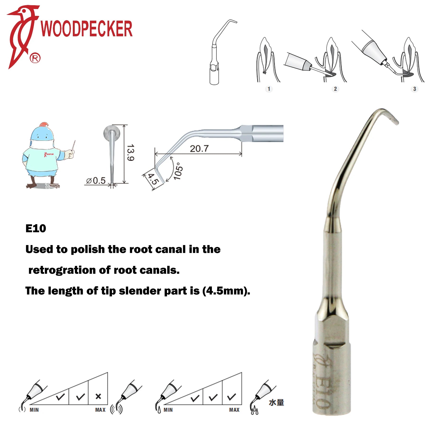 Dentistry Supplies & Equipment Woodpecker Ultrasonic Handpiece HW-5L Picture show Detail and sizes of E10 Series