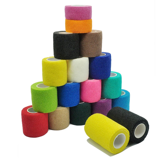 Fitness Colourful Athletic Wrap Tape Self Adhesive Elastic Bandage (11 Colours) All Colour shown on a pyramid of 15 adhesives bandages