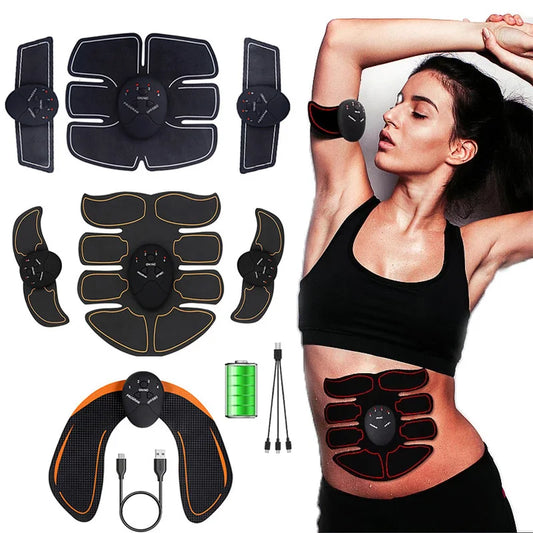 Fitness Electrical Muscle Stimulation USB Recharge Hip Trainer All 10 pieces  shown and in use on a young lady 
