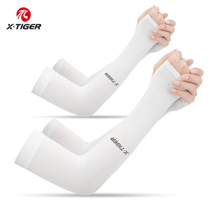 Fitness Unisex TIGER Cycling Arm Sleeves Anti-UV 2 White Colour shown wear by a young lady 2 pairs offers with both thumbhole
