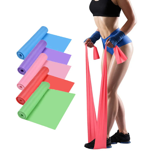 Fitness Yoga Sport Resistance Bands training home exercises All Colours shown (Pink, red, blue, green, purple ) a woman practiced With a pink colour band   
