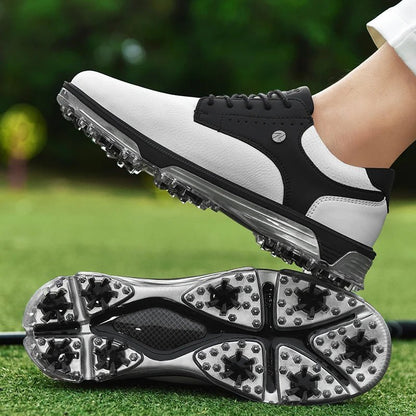 Golf Supplies & Equipment Golf Shoes Waterproof Non Slip Picture of the white black colour golf shoes on the grass of a golf course wear by a man with a golf club. Only see some part of his pant and shoes. Wear only one shoe that is put on top of the other shoe