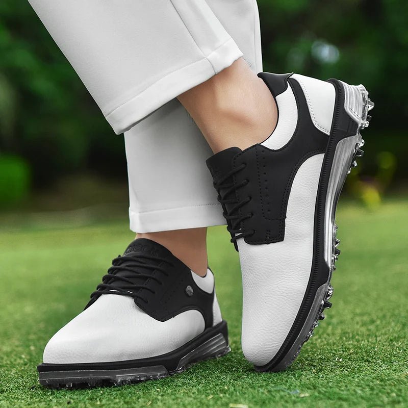 Golf Supplies & Equipment Golf Shoes Waterproof Non Slip Picture of the white colour golf shoes on the grass of a golf course wear by a man