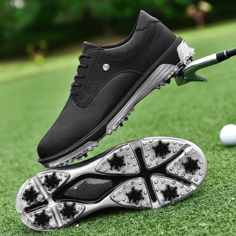 Golf Supplies & Equipment Golf Shoes Waterproof Non Slip Picture of Two Brown Colour shoes balanced one on top of the other, one supported by a golf club, placed on a closely mown lawn of a golf course