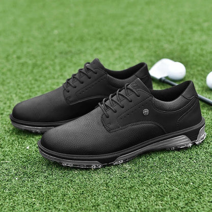Golf Supplies & Equipment Golf Shoes Waterproof Non Slip Picture of Two Brown Colour shoes placed side by side on a closely mown lawn of a golf course with a club and 2 golf balls in the back of the shoes