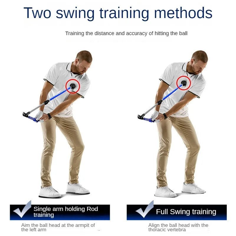 Golf Supplies & Equipment Golf Swing Trainer Adjustable PGM Picture show a man practiced With the trainer tool and Two swing training methods Single arm holding rod training and Full swing training