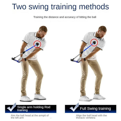 Golf Supplies & Equipment Golf Swing Trainer Adjustable PGM Picture show a man practiced With the trainer tool and Two swing training methods Single arm holding rod training and Full swing training