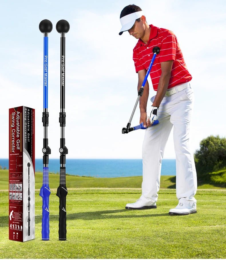 Golf Supplies & Equipment Golf Swing Trainer Adjustable PGM Picture show a man practiced With the trainer tool on a grass club course and show the colour offers blue and black