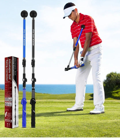 Golf Supplies & Equipment Golf Swing Trainer Adjustable PGM Picture show a man practiced With the trainer tool on a grass club course and show the colour offers blue and black