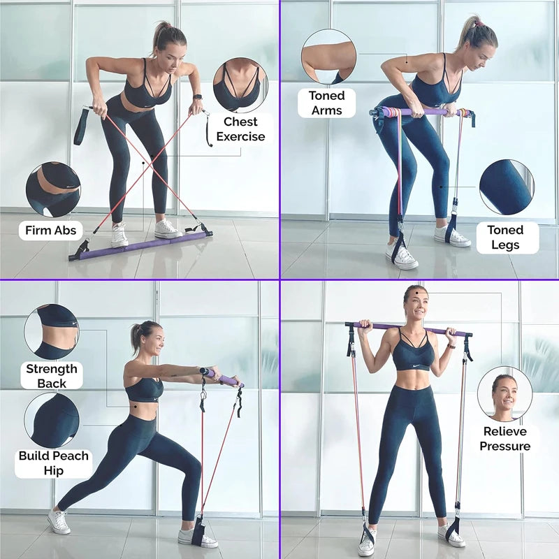 Gym Fitness Accessories Fitness Pilates Bar Kit with Resistance Bands Pink Colour