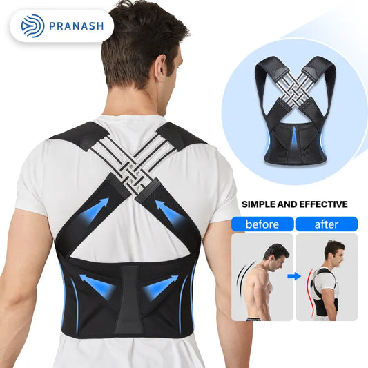 Health care products Adjustable Back Posture Corrector Belt Unisex. Man wearing the belt. Posture before using and after use (better strait spine)