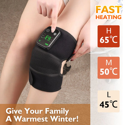Health care products Heated Vibration knee Massager 1 shown wear at a woman left knee Fast Heating between 50 and 65 degree Celsius