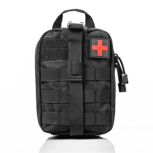 Health care products Medical Portable Tactical First Aid Kit Bag.  Black Colour Close bag shown with small red cross on the top.