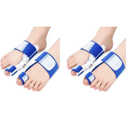Health care products Orthopaedic Big Toe Straightener Corrector wear on two women on their right and left feet Blue Colour tissue (4 pieces)