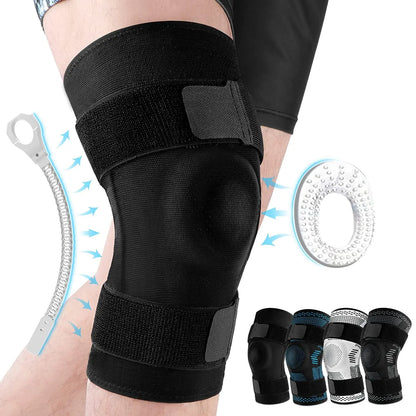Health care products Sport Knee Pads Support For Fixes Knee joint, Prevent ligament strain in front a man wearing a black colour model and the 4 colours available shown 