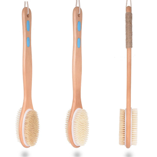 Health care products Wooden Body Massage Shower Long Brush 3 bathroom brush shown 