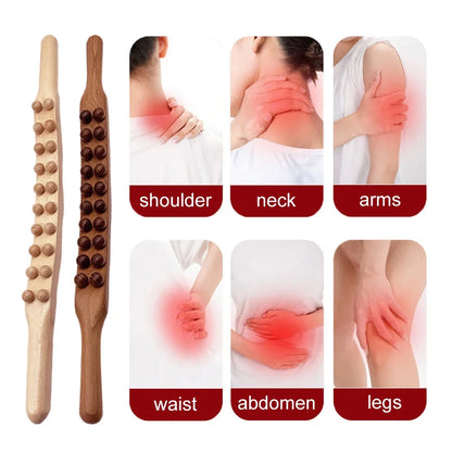 Massage Therapy 20 Beads Natural Wood Handheld Massager Therapy Stick Picture of a woman body area to use (shoulder, neck, arms, waist, abdomen, legs)