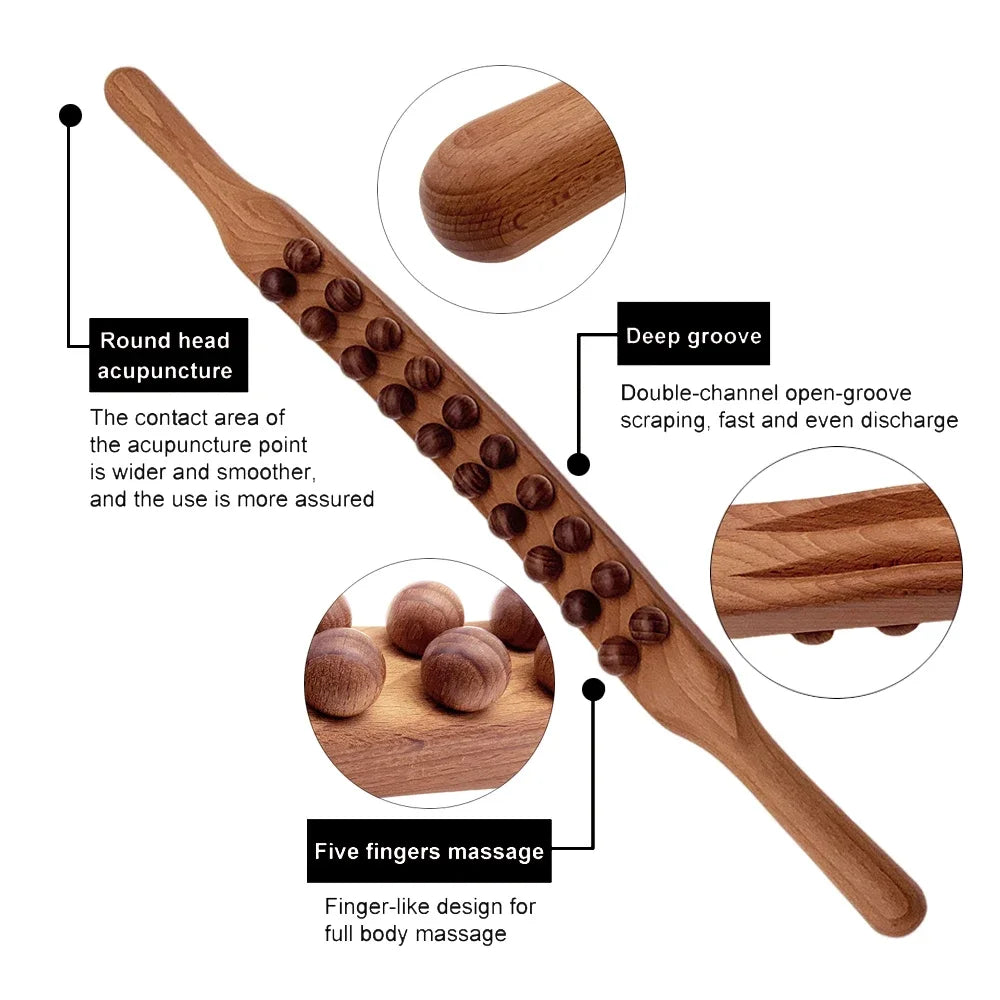 Massage Therapy 20 Beads Natural Wood Handheld Massager Therapy Stick Picture of a woman body area to use (shoulder, neck, arms, waist, abdomen, legs) Picture of the Product Details : Round head Acupuncture Deep grooves shown 