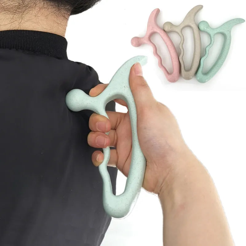 Massage Therapy Big Head Acupoint Massager 4 colour shown (green, Pink, beige, white). The white being use in a man back shoulder