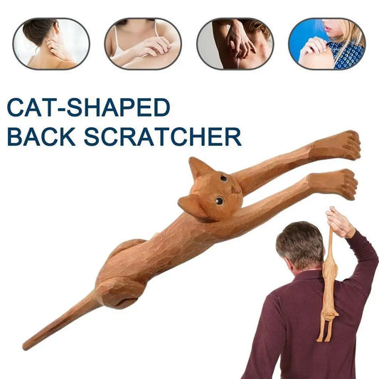 Massage Therapy cat-shaped back scratcher shown which area to use neck shoulder, back