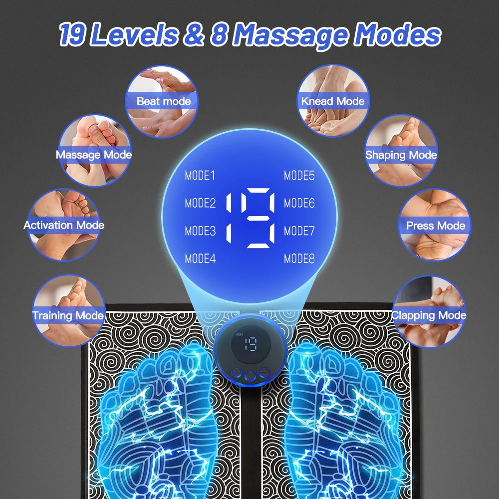 Massage Therapy Electric EMS Foot Massager + Pad (19 levels and 8 massage modes shown)