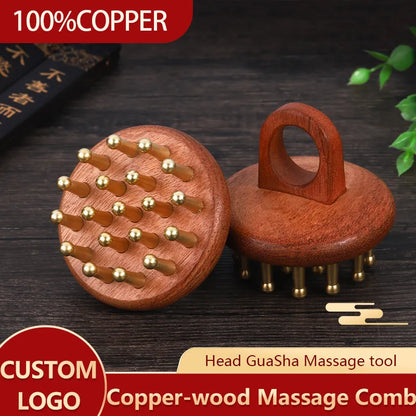 Massage therapy Head Massage Comb for Geisha, 2 combs shown on a wood table 100 % copper 