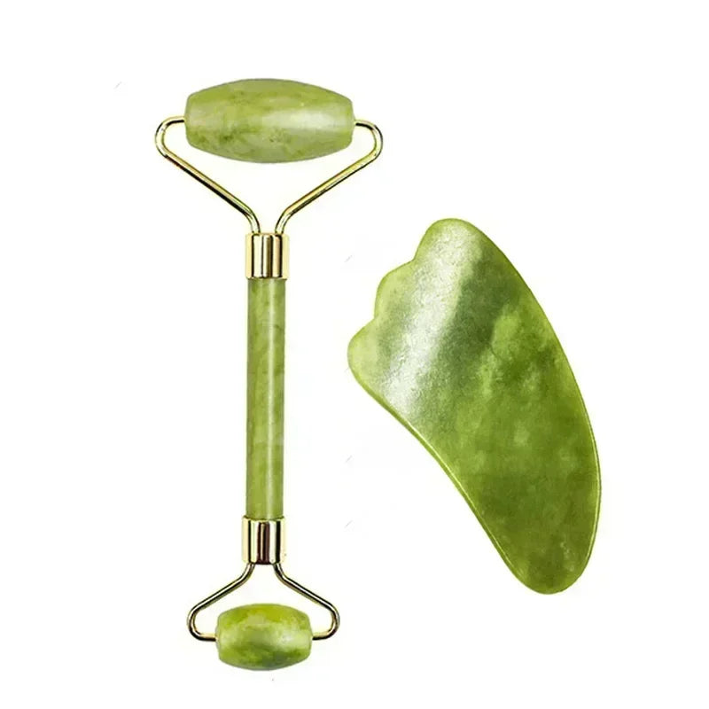 Massage Therapy Natural Jade Face Massager for Geisha 1 D set 1 Big Facial Curve shape Green Colour stone and 1 double side rollers offers show