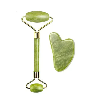 Massage Therapy Natural Jade Face Massager for Geisha 1 double sides rollers Green Colour stones and 1 hearth shape green stone A set Offers shown