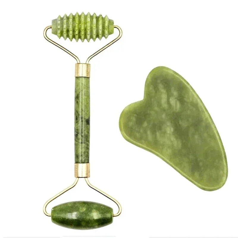 Massage Therapy Natural Jade Face Massager for Geisha 1 double sides rollers Green Colour stones and 1 hearth shape green stone B set Offers shown