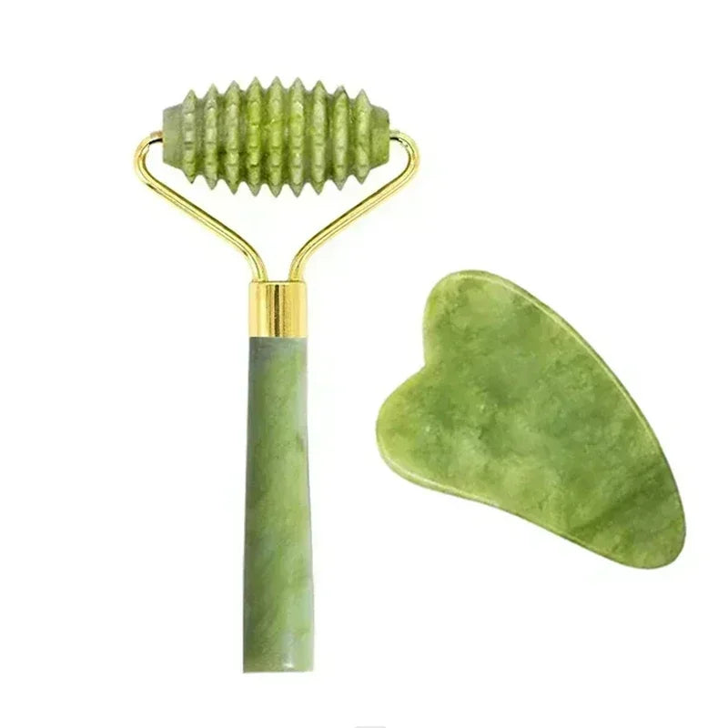 Massage Therapy Natural Jade Face Massager for Geisha 1 single roller with 2 Green Colour stones and 1 hearth shape green Colour stone H set Offers shown