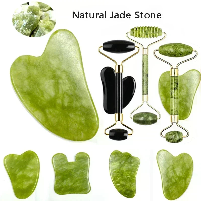 Massage Therapy Natural Jade Face Massager for Geisha All kind of stone offers shown 6 stones and 3 rollers 2 sides rollers (9 stones 3 stones to build the handle) 11 Green colours stones and 3 black stones