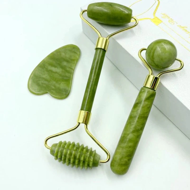 Massage Therapy Natural Jade Stone Face Massager for Geisha Picture show 3 tools (1 handle roller one side 1 handle roller two sides, 1 Heart Shape stone) offers all green colour stone